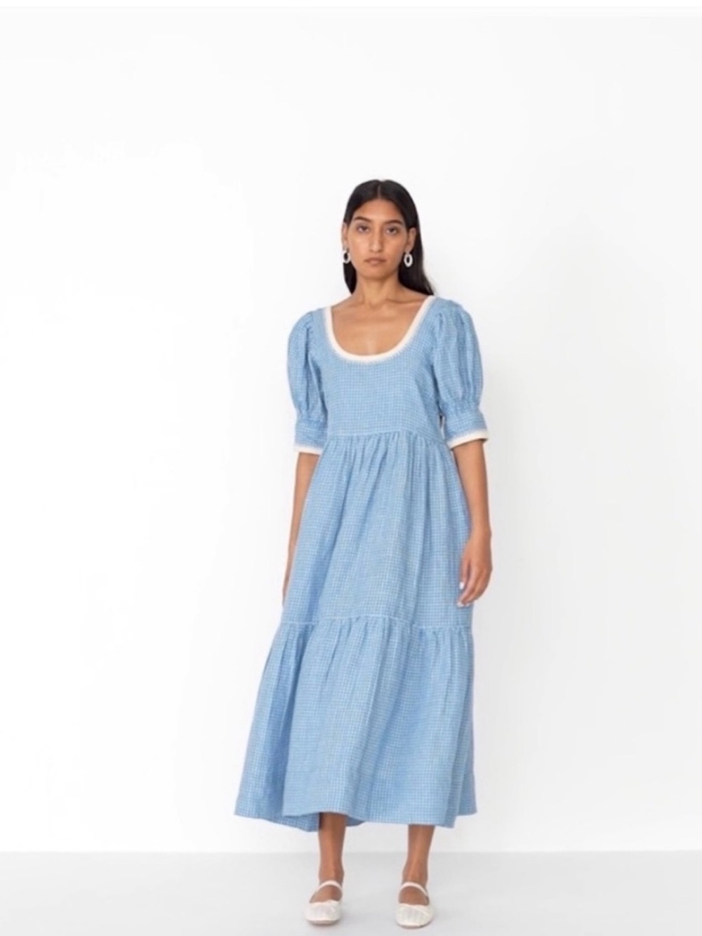 Loeffler Randall Gillian Puff Sleeve Dress Navy blue and white gingham Small